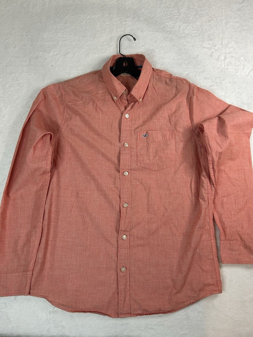 Hollister Men's L Solid Salmon Orange Cotton Woven ButtonDown Shirt